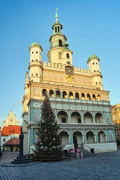 Fasaden Den Historiska Renässansen Stadshus Och Julgran Poznan — Stockfoto