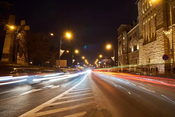 Street Car Traffic Night Poznan — Stock Photo, Image