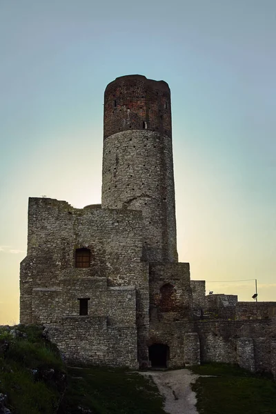 Tour Pierre Château Médiéval Ruine Dans Soirée Checiny Pologne — Photo