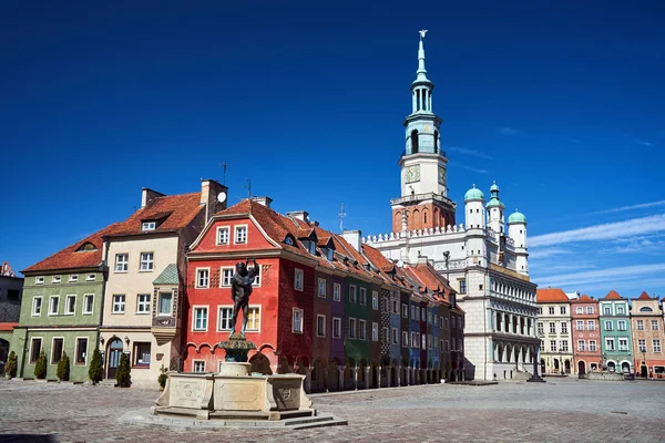 Szökőkút Apolló Szoborral Piactéren Reneszánsz Városháza Tornyával Poznanban — Stock Fotó