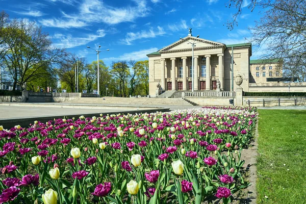 Een Bloembed Met Kleurrijke Bloemen Voor Het Historische Operahuis Stad — Stockfoto