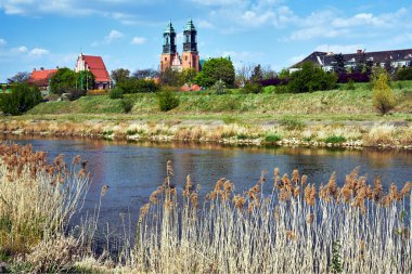 Nehir Warta ve Poznan 'daki tarihi katedral kuleleri