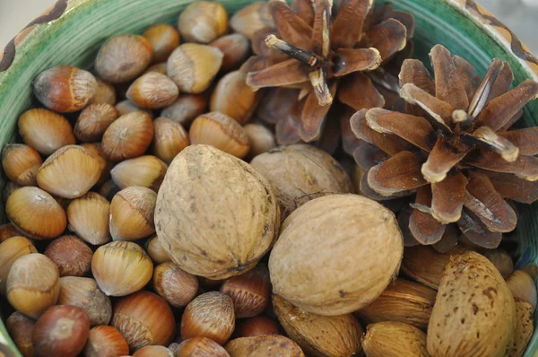 Valnötter, hasselnötter och mandlar i skal, på varandra i keramikskål — Stockfoto