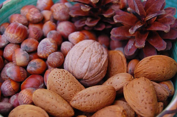 Valnötter, hasselnötter och mandlar i skal, på varandra — Stockfoto