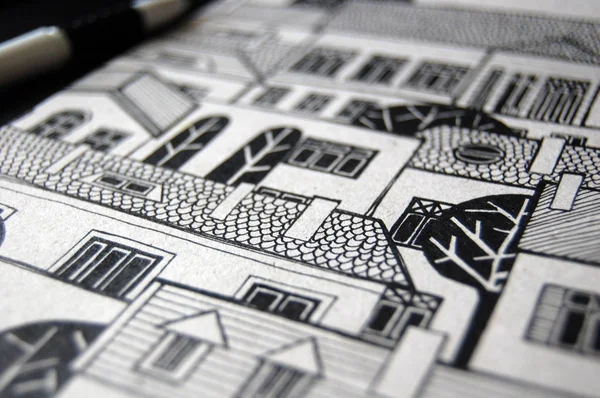 Illustrated City Cute Buildings Trees Black White — Stock Photo, Image