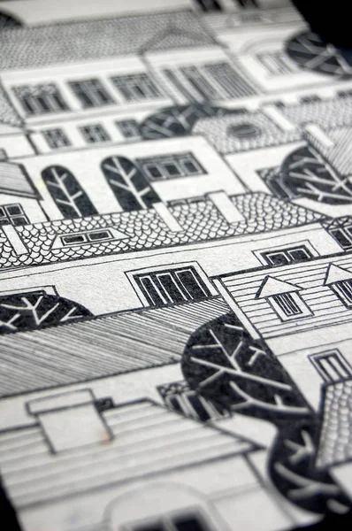 Ciudad Ilustrada Con Lindos Edificios Árboles Blanco Negro —  Fotos de Stock