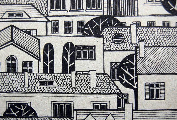 illustrated city with cute buildings and trees in black and white