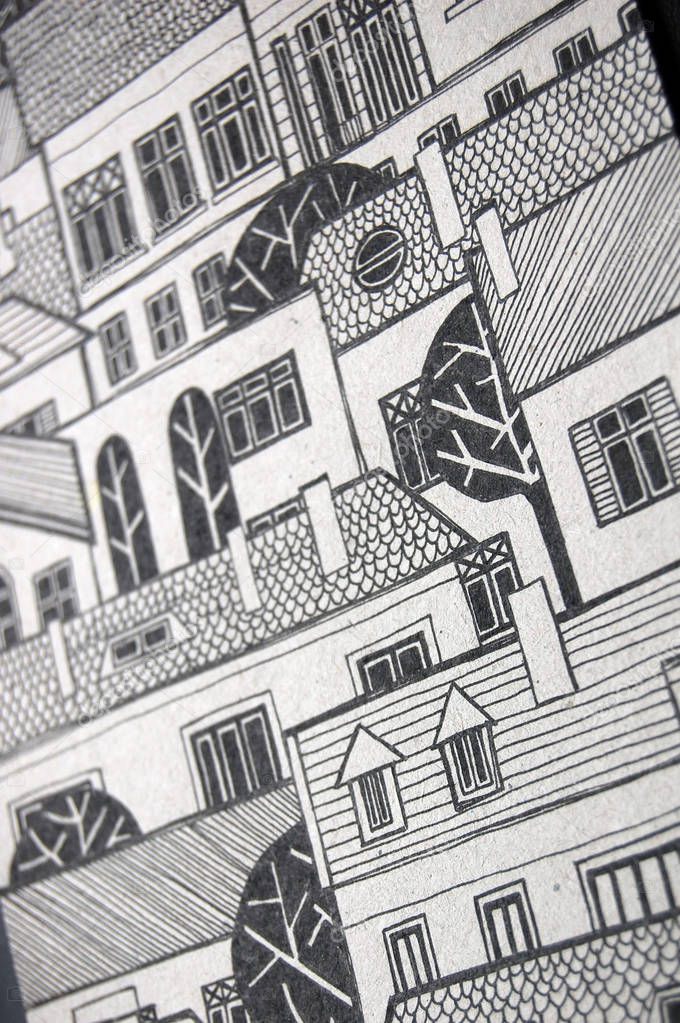 illustrated city with cute buildings and trees in black and white