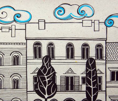 şirin binalar ve ağaçlar siyah ve beyaz ile resimli şehir