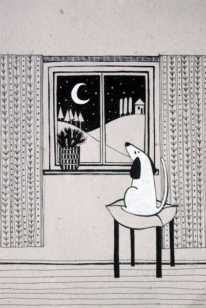 Perro Mirando Por Ventana Ilustración Blanco Negro — Foto de Stock