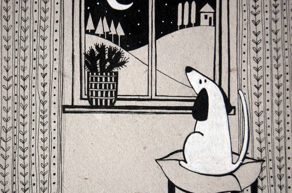 Hund Schaut Schwarz Weiß Ins Fenster — Stockfoto
