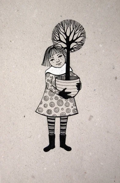Dziewczynka Gospodarstwa Drzewo Czarno Białe — Zdjęcie stockowe