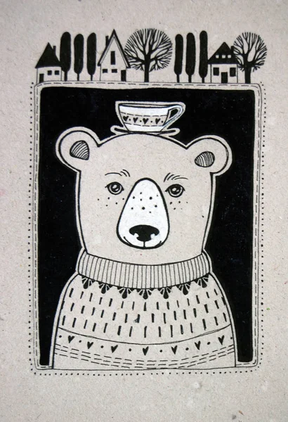 Черно Белая Иллюстрация Милого Медведя Чашкой Голове — стоковое фото