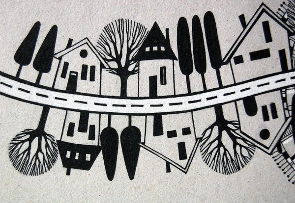 Rua Ilustrada Com Casas Árvores — Fotografia de Stock