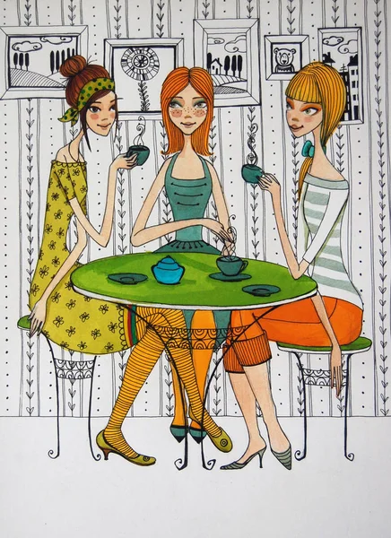 Chicas Ilustración Colorida Cafetería —  Fotos de Stock