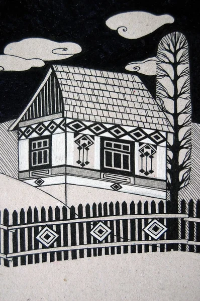 Tradycyjny Wiejski Dom Czarno Biała Ilustracja — Zdjęcie stockowe