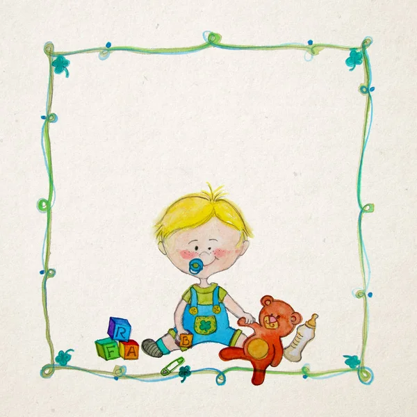 Bebis Ankomst Mall Med Söt Baby Boy Akvarell Illustration — Stockfoto