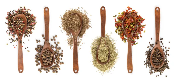 Collection of spices in spoons — Stock Photo, Image