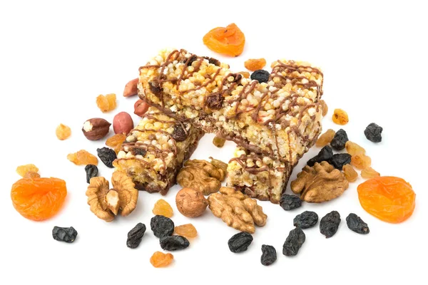 Granola (muesli, cereal) bar and its ingredients. — Stock Photo, Image