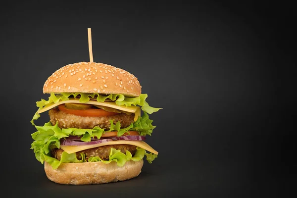 Fresh delicious double burger on black background