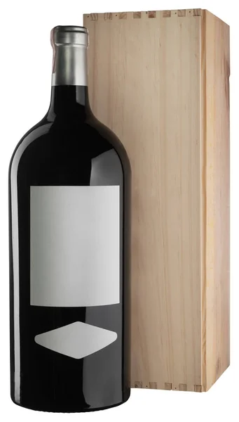 Big Liter Unlabelled Red Wine Bottle Wooden Box Isolated White — Stock Photo, Image