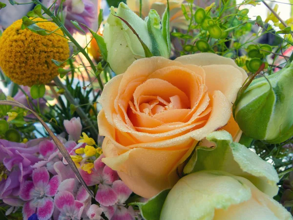 Προσφορά άνοιξη μπουκέτο με λουλούδια τριαντάφυλλο και άγριο πεδίο. — Φωτογραφία Αρχείου