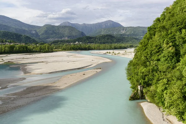 Vale Rio Tagliamento Itália Vista Cima Com Montanhas Fundo — Fotografia de Stock