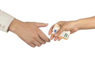 Giving a bribe. Two hands one with hidden euro banknotes isolate clipart
