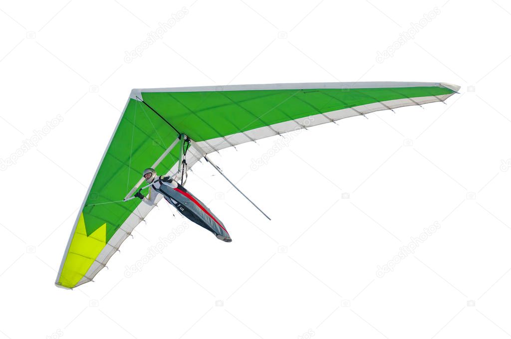 Hang glider wing with green sail isolated on white. 