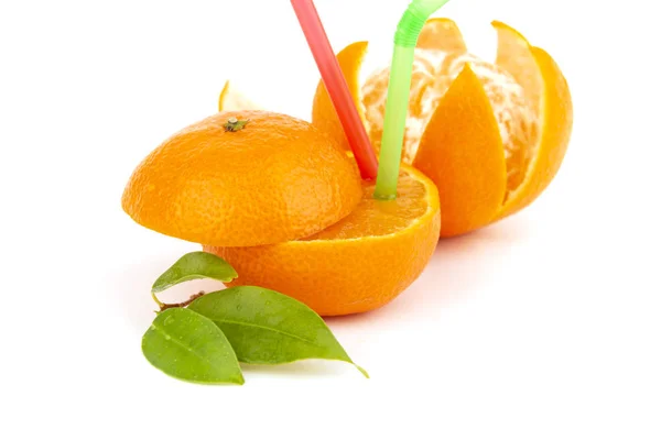Two peeled tangerines with cocktail straws — Stock Photo, Image