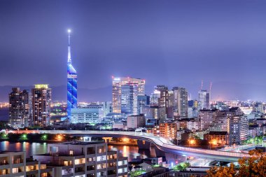 Fukuoka şehrinin gece panoraması, Japonya