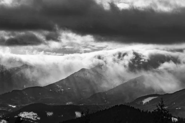 Art photo of winter mountain landscape in black and white.