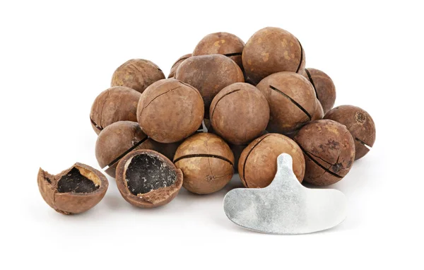 Mucchio Noci Intere Macadamia Kernel Sfondo Bianco — Foto Stock