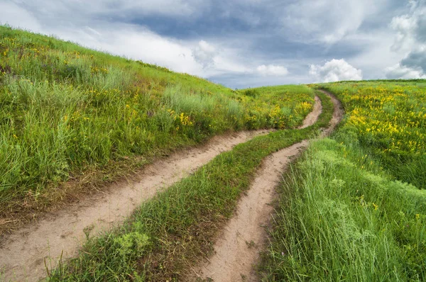 Estrada Terra Curva Nas Colinas Verdes Paisagem Vibrante Verão — Fotografia de Stock