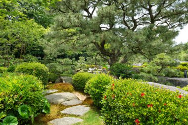 Zen sahnesi, güzel bir Japon bahçesinde taş bir patika.