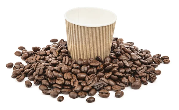 Empty Paper Cup Surrounded Fresh Roasted Coffee Beans — Stock Photo, Image