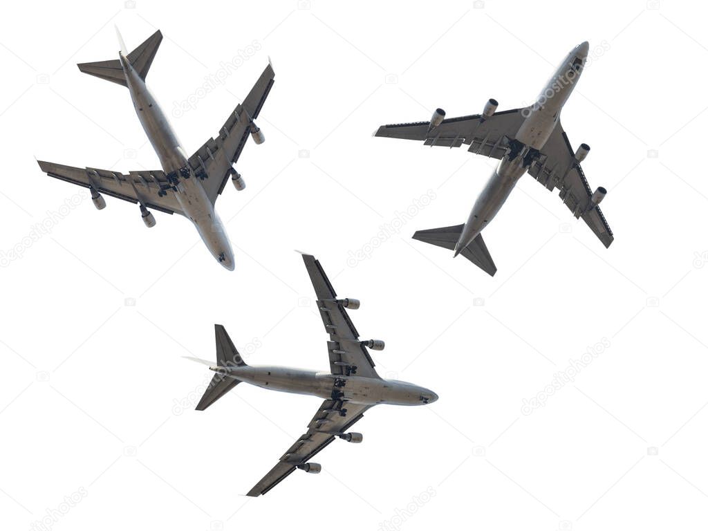 Jet passenger plane silhouettes isolated on white. Four engine aircrafts 