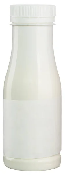Weiße Plastikmilch Oder Joghurtflasche Mit Leerem Etikett Isoliert Auf Weiß — Stockfoto