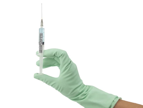 Lékařská Ruka Rukavicích Injekční Stříkačkou Koronavirovou Vakcínou — Stock fotografie