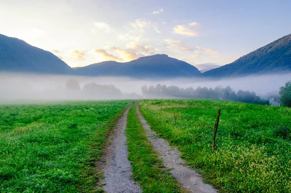 Manhã Nevoeiro Tranquilo Campo Estrada Terra Soca Valley Perto Tolmin — Fotografia de Stock