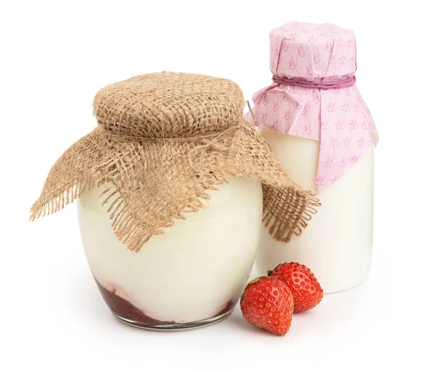 White Strawberry Yogurts Glass Jars — Stock Photo, Image