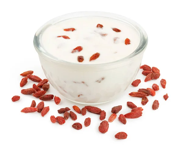 Iogurte Saudável Branco Uma Tigela Com Bagas Goji Fundo Branco — Fotografia de Stock