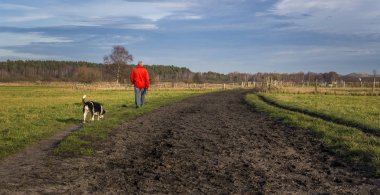 insan ve hayvanları sonbaharında bir yolda  