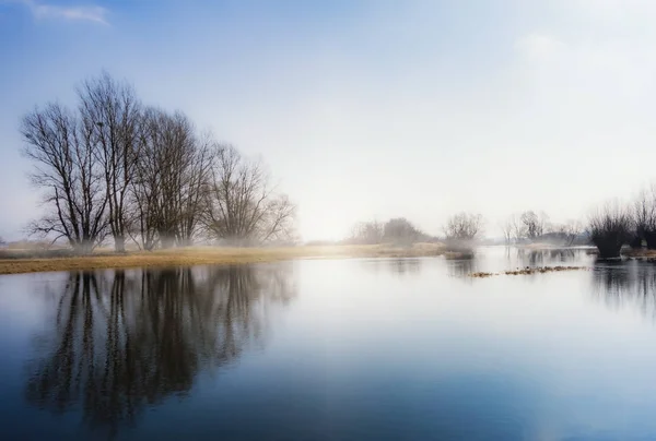 River landscape of the Elbe in the morning haze of autumn — Stock Photo, Image