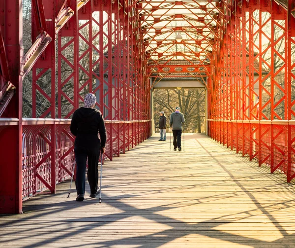 Anziani che praticano sport all'aria aperta sul Sechserbrcke a Berlino Tegel Fotografia Stock