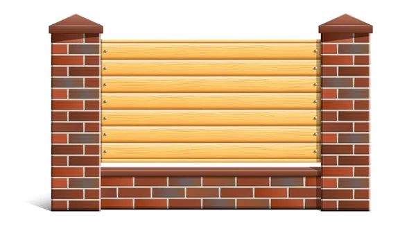 Beyaz zemin üzerinde tahta tahtalar olan kırmızı tuğlalı bir çit..