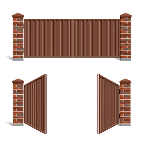 Beyaz ve izole bir arka planda metal profilli kırmızı tuğla bir kapı. Kapıyı aç.