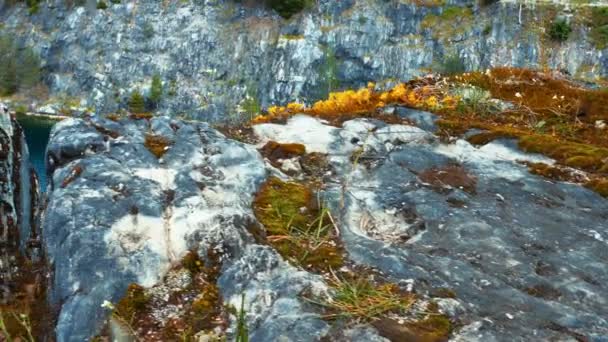 Βρύα και βράχους στο μάρμαρο φαράγγι Ruskeala, Καρελία, Ρωσία — Αρχείο Βίντεο