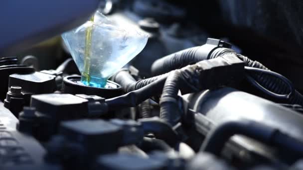 Auto reparatie - gieten nieuwe motorolie — Stockvideo