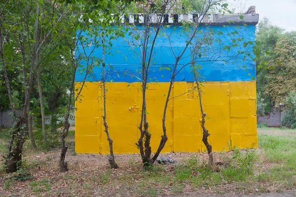 Yan bina Ukrayna bayrağı behi renklerde boyanmış — Stok fotoğraf